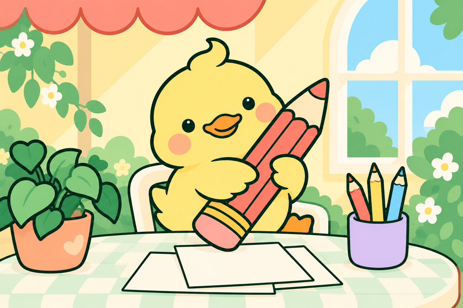 Duckie hugging a coral pencil in a sunny garden art studio