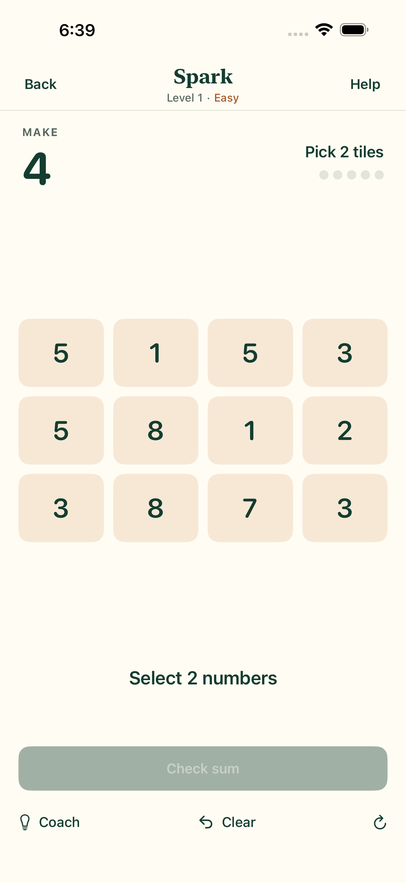 Spark on iPhone: select number tiles to make the target