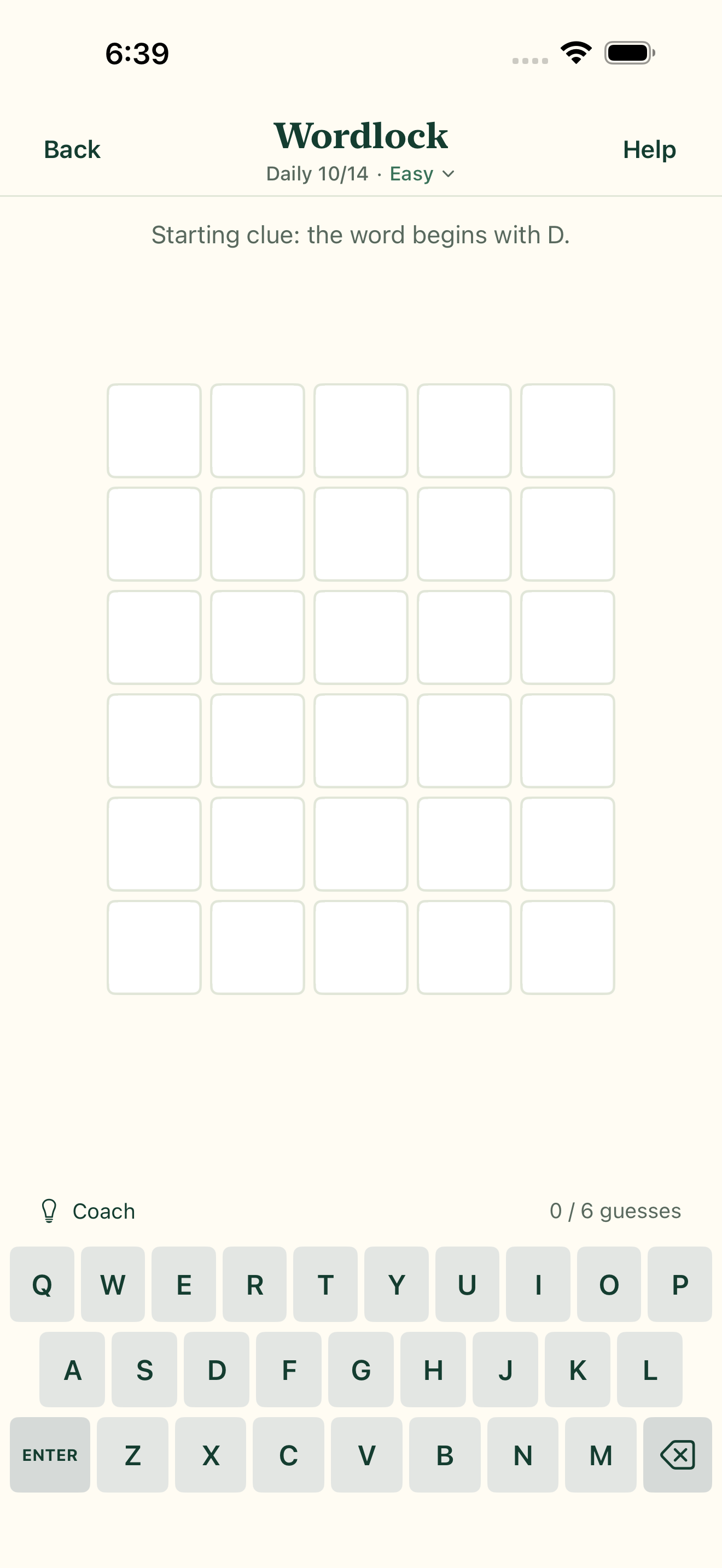 Wordlock on iPhone: a five-letter grid, starting clue and keyboard