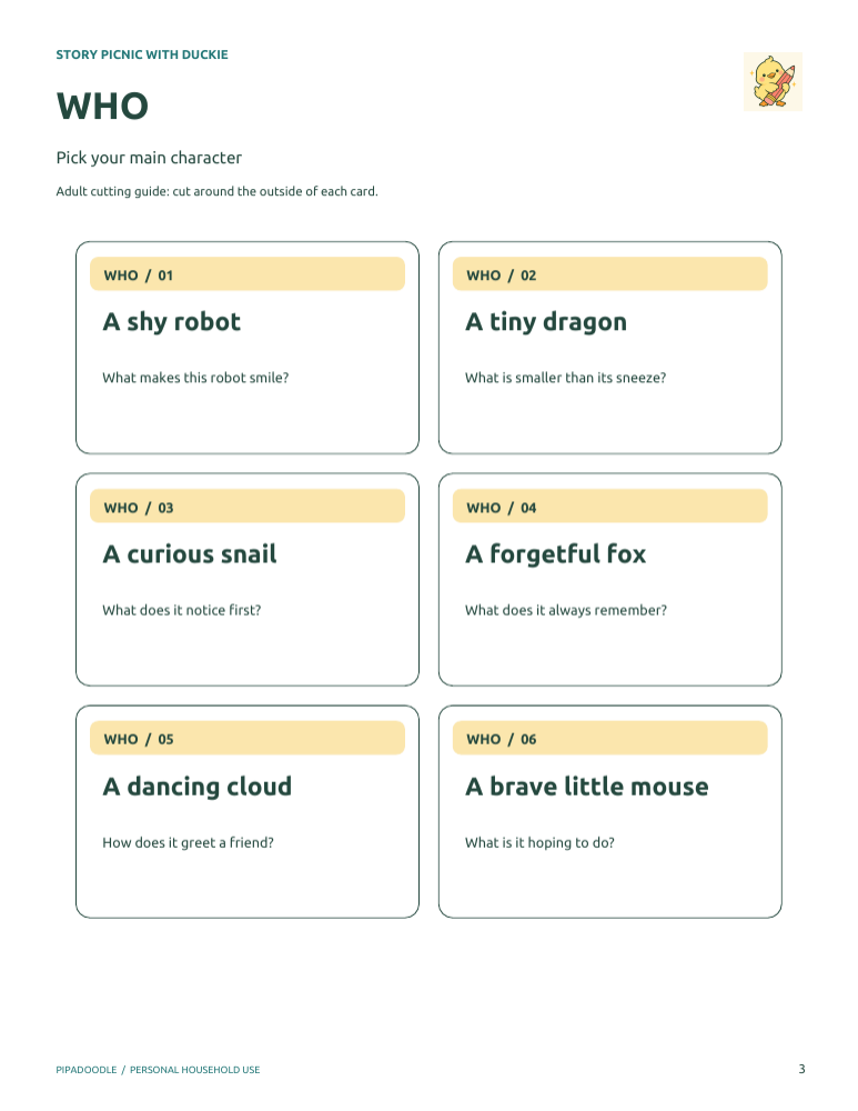 Six WHO prompt cards: robot, dragon, snail, fox, cloud and mouse